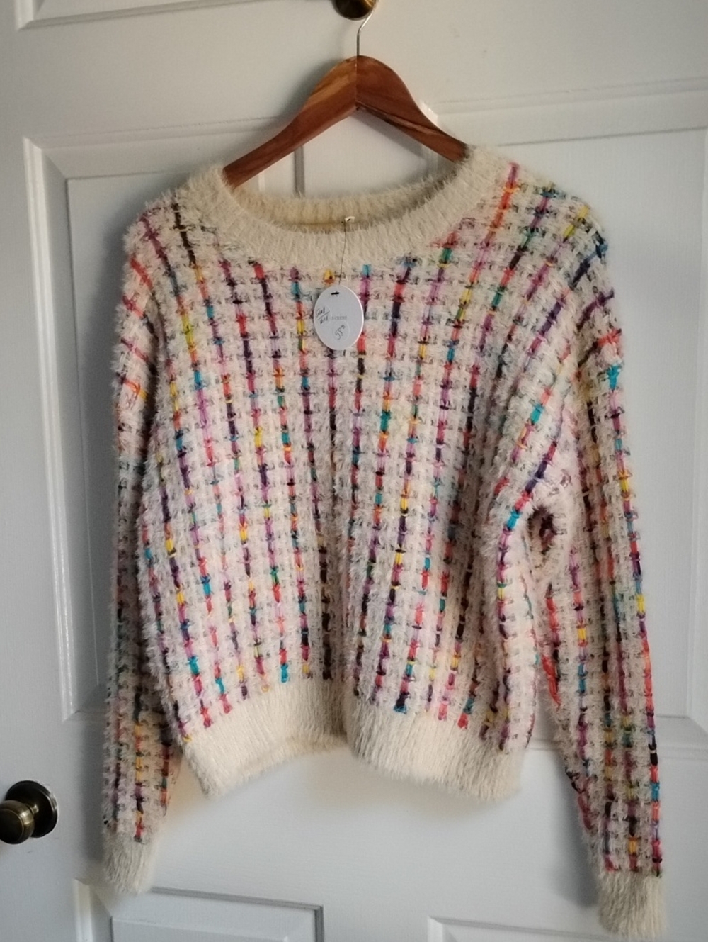 En Creme Cozy Multicolor Tweed-Style Cream Sweater